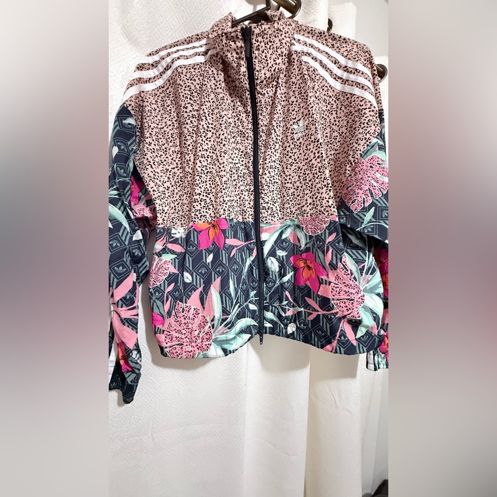 Adidas Pink and Black Bomber Jacket with Bold Floral Design